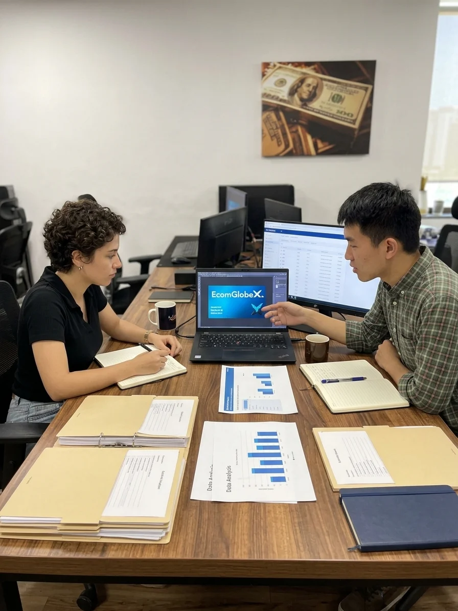 EcomGlobex team members conducting a data analysis meeting with laptops and growth charts on desk