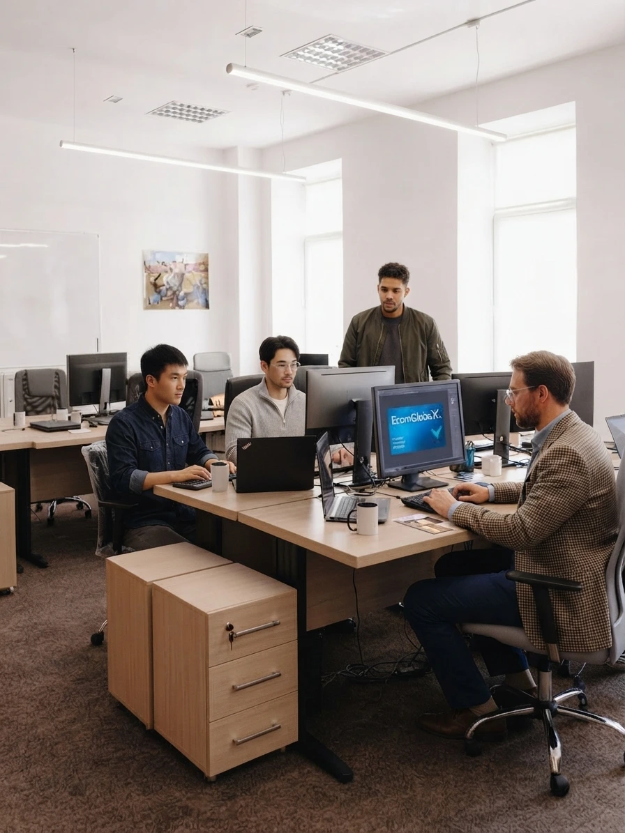 EcomGlobex agency team working collaboratively in a modern office setup with computers and EcomGlobex logo on screen.